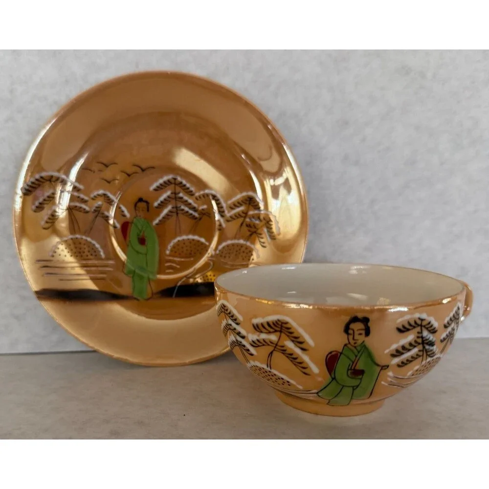Lithophane Geisha Girl Cup and Saucer, Caramel Luster
